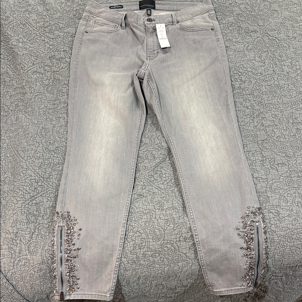 NWT White House Black Market Gray Cropped Jeans with Embellishments